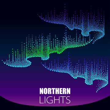 Vector dotted swirls of color northern or polar light on the Polar sky. Aurora borealis lights in dotwork style on the night background for arctic space or galaxy design. 