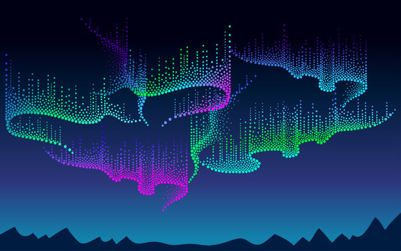 Vector panorama of Polar sky with color northern or polar light. Night landscape with dotted swirls of Aurora borealis lights in dotwork style on the dark background for space or galaxy design. 