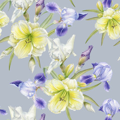 Floral seamless pattern with watercolor iris, daylily