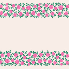 Beautiful border of pink roses on beige background. Cute template for greeeting card, invitation etc. Vector illustration