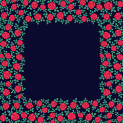 Beautiful frame of red roses on dark blue background. Template for greeeting card, invitation etc. Vector illustration