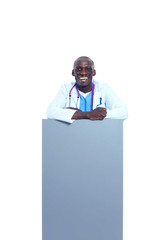 Male doctor holding empty placard. Doctor. Billboard