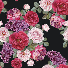 Floral seamless pattern with watercolor roses and lilac