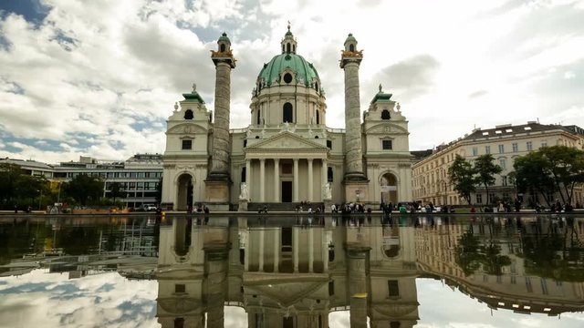 Time lapse clouds moving above Karlskirche church in Vienna capital of Austria Europe travel