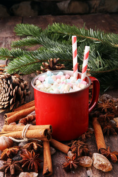 Enamel cup of hot cocoa with marshmallows and candy canes. Could also be coffee. Perfect winter time treat
