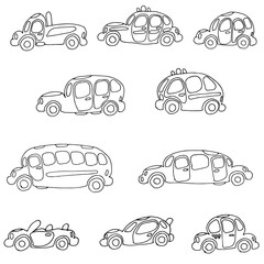 Hand drawn simple black and white cars set