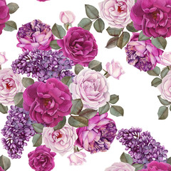 Floral seamless pattern with watercolor roses and lilac