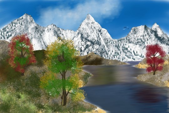 Snowy mountains, painting and an alpine landscape, forests with coniferous trees, grass on the ground, a beautiful lake and birds in the blue sky.