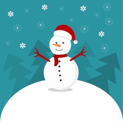 snowman in Santa Claus red hat, greeting winter snowy landscape background