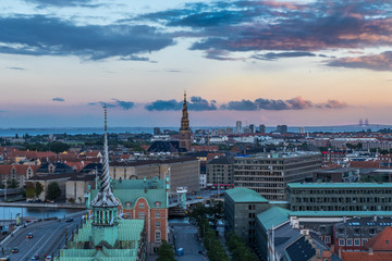 Fototapeta na wymiar View above central Copenhagen after sunset with Oresund bridge in the background