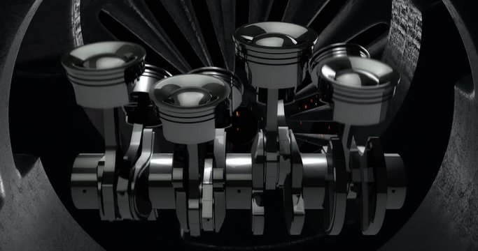 V8 Engine Pistons On A Crankshaft With Sparks Inside Of Another Machine - Loop