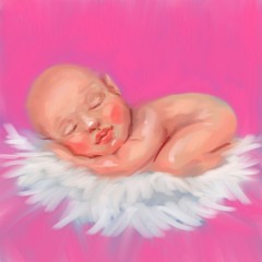 Fototapeta premium Baby girl postcard digital acrylic oil painting
