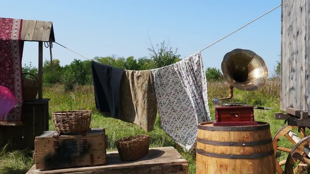 Rags drying on the clothesline in the village