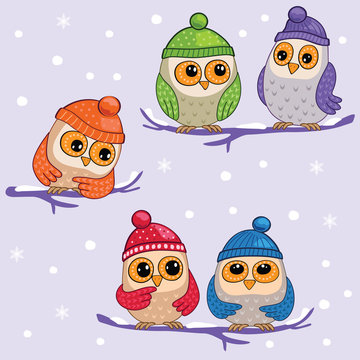 Set cute funny owls or sparrows in the winter snow forest. Birds in hats on tree branch. Seamless children's cartoon illustration. Pattern for Wallpaper or textiles. Vector.  