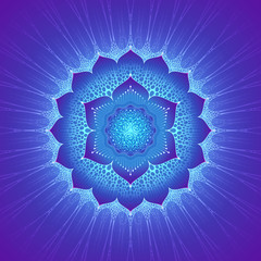 Blue volumetric sacred mandala with motif of cell structure and lotus, vector illustration.