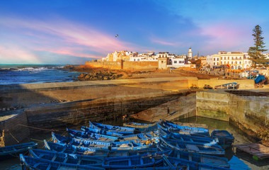Fishing port and Essaouira town at the sunset time, Morocco - obrazy, fototapety, plakaty
