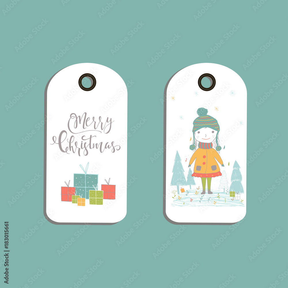 Poster Set of cute Christmas gift tags, cards with lettering Merry Christmas, animals, presets, tree and snowflakes.