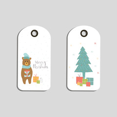 Set of cute Christmas gift tags, cards with lettering Merry Christmas, animals, presets, tree and snowflakes.