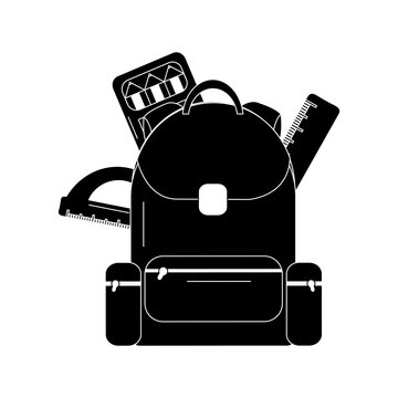 schoolbag with ruler color protractor supplies education and zippers vector illustration black image