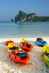 Colorful kayaks at Ao Loh Dalum beach on Phi Phi Don Island, Krabi Province, Thailand