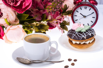 Cup of fragrant espresso and cake