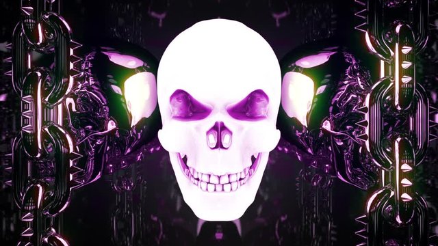 Gloving Metal Skull Loop - cool motion graphics which represent rotating and flashing skulls with shiny moving metal chains on left and right sides. It will be perfect for your next VJ sets