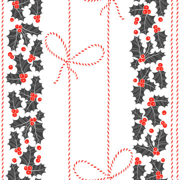 Seamless vector pattern with holly and twisted cord on white background.