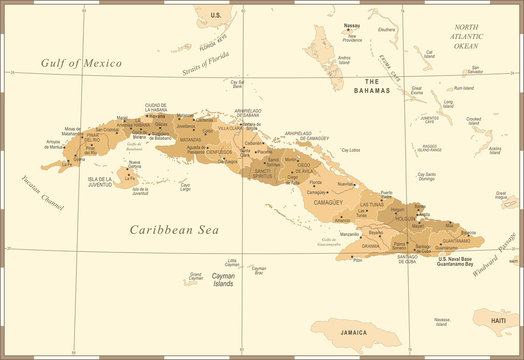 Cuba Map - Vintage Detailed Vector Illustration