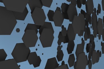 White hexagons of random size on blue background