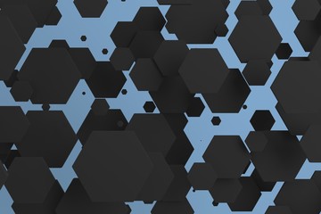 White hexagons of random size on blue background