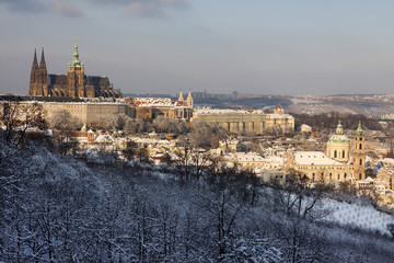 Christmas snowy Prague City with gothic Castle, Czech republic