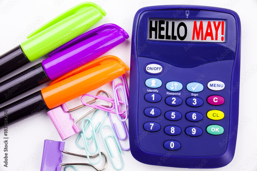 Poster writing word hello may. spring text in the office with surroundings such as marker, pen writing on c