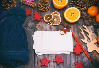 empty white paper postcards, red pencil