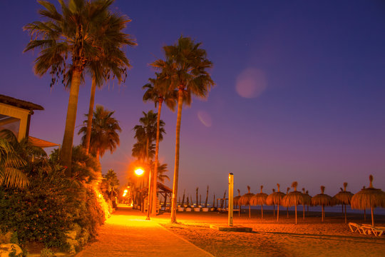 Night beach. City of Estepona, Costa del Sol, Andalusia, Spain.