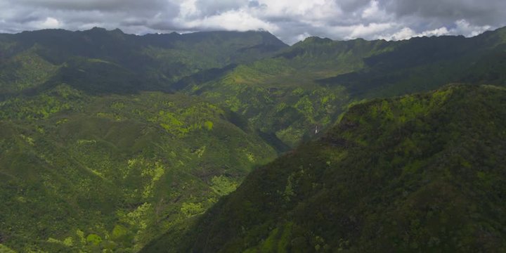 Aerial Flying Around Mountain Valley Island Kauai Hawaii