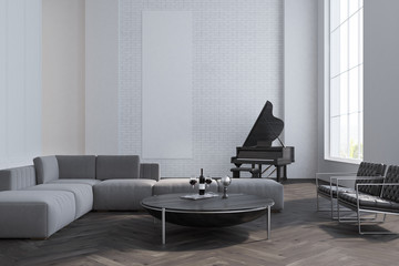 White living room, sofa and piano