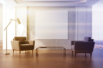 Gray living room, poster and armchairs toned