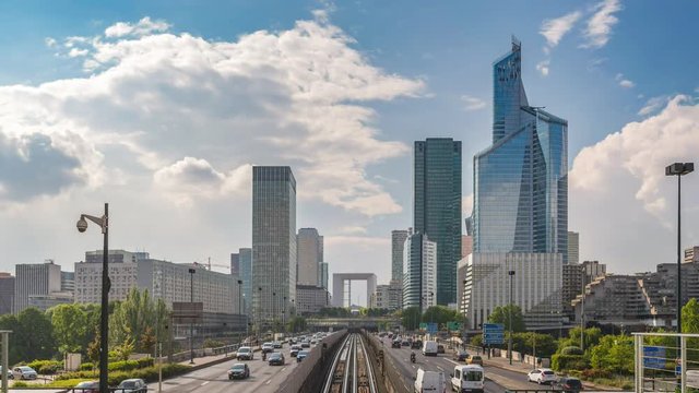 Paris city skyline timelapse at La Defrense business district, Paris, France 4K Time lapse