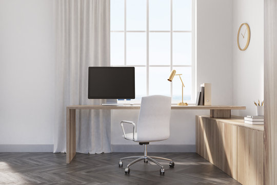 White home office interior, wood
