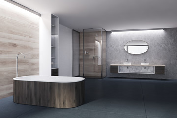 White and wooden bathroom, dark tub, shower