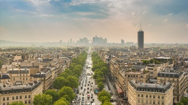Paris city skyline timelapse at La Defrense and Champs Elysees, Paris, France 4K Time lapse