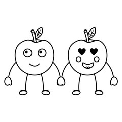 kawaii two cartoon fruit apple holding hands vector illustration