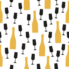 Seamless pattern with champagne bottle and glasses
