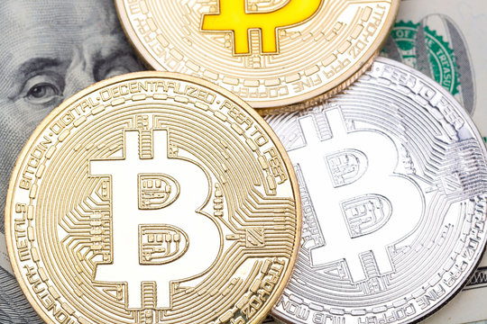 Close up of different metal bitcoins, macro shot.