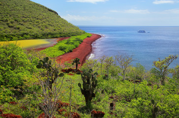 View of red beach and lagoon of Rabida Island in Galapagos National Park, Ecuador