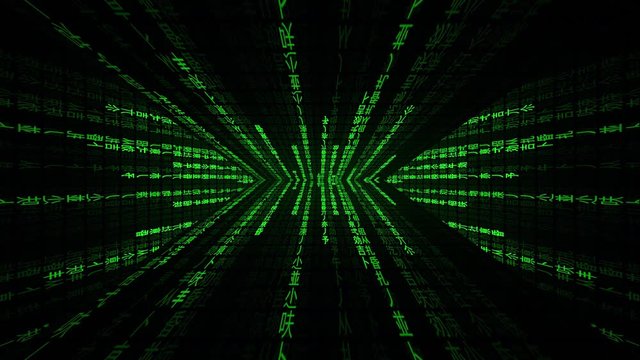 A 3d cyberspace corridor with walls made of random symbols falling down (chinese characters, code rain, a popular sci-fi movie effect).
