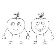 kawaii two cartoon fruit apple holding hands vector illustration