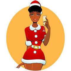Christmas sexy black girl Santa with a glass of champagne.