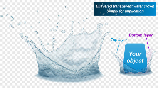 Translucent water splash crown consist of two layers: top and bottom. In gray colors, isolated on transparent background. Transparency only in vector file