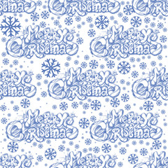 Seamless pattern with hand drawn inscription Merry Christmas and snowflakes for wrapping paper, web pages and other items.